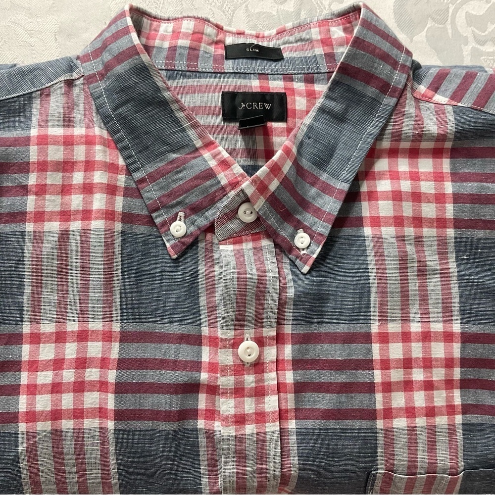 J. Crew linen Red and Blue Plaid Casual Button Down Shirt men size XL